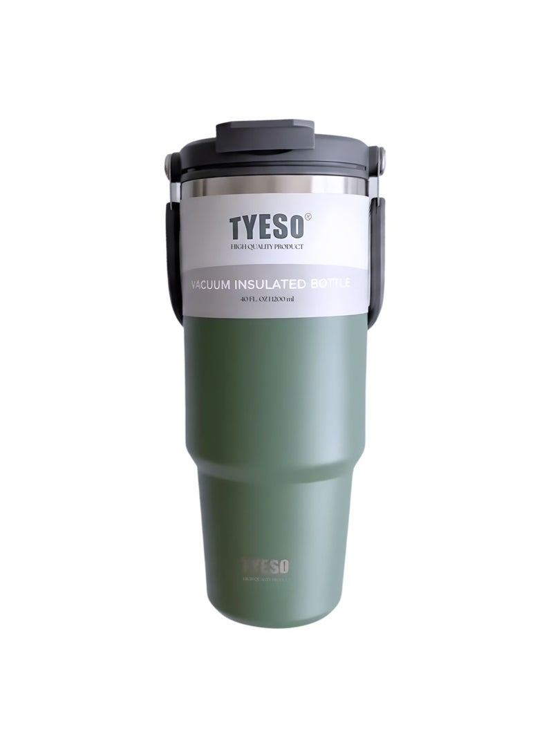 TYESO 1200ml Vacuum Insulated Tumbler 40oz Stainless Steel Travel Mug with Handle & Lid – Double Wall Thermal Water Bottle for Hot & Cold Drinks, Leakproof Large Capacity Cup – Green - Image 2